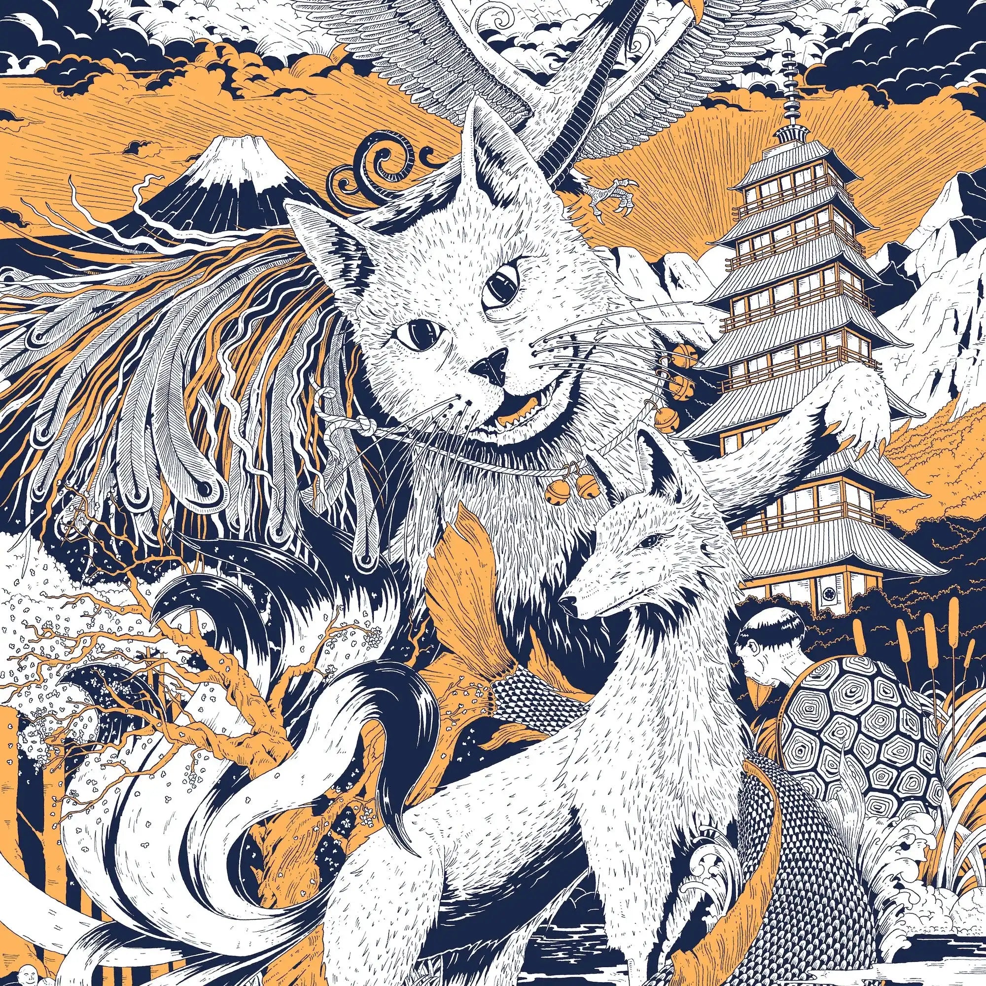 A mystical white fox with multiple tails in Japanese art style.