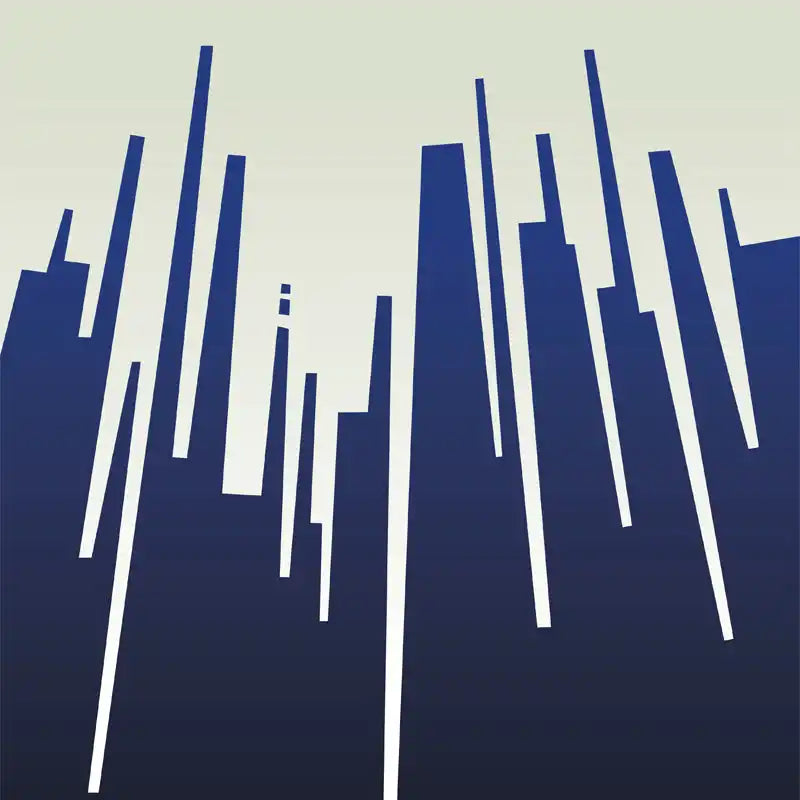 Abstract silhouette of city skyscrapers in dark blue against a light background.