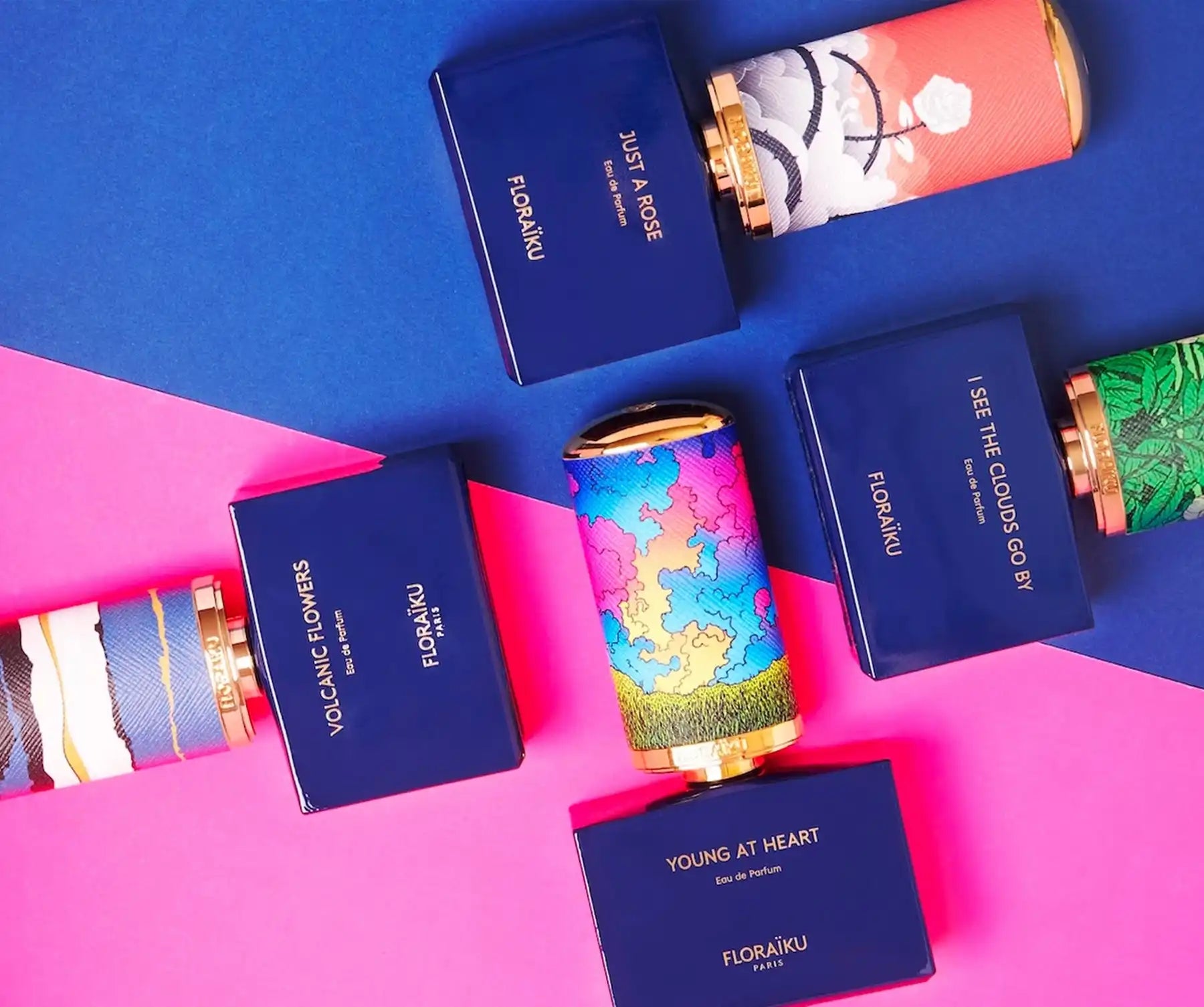 Collection of navy blue passport-style booklets alongside colorful beverage cans.