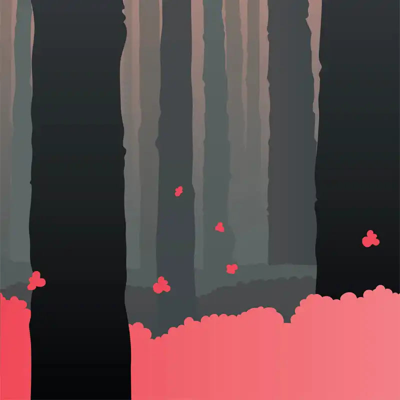 Dark forest with glowing pink flowers scattered across the ground.