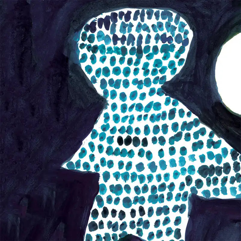 A silhouette figure filled with blue and black dots against a dark background.