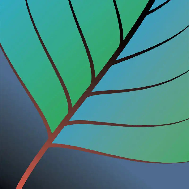 Stylized brown branch with green leaf veins against a gradient background.